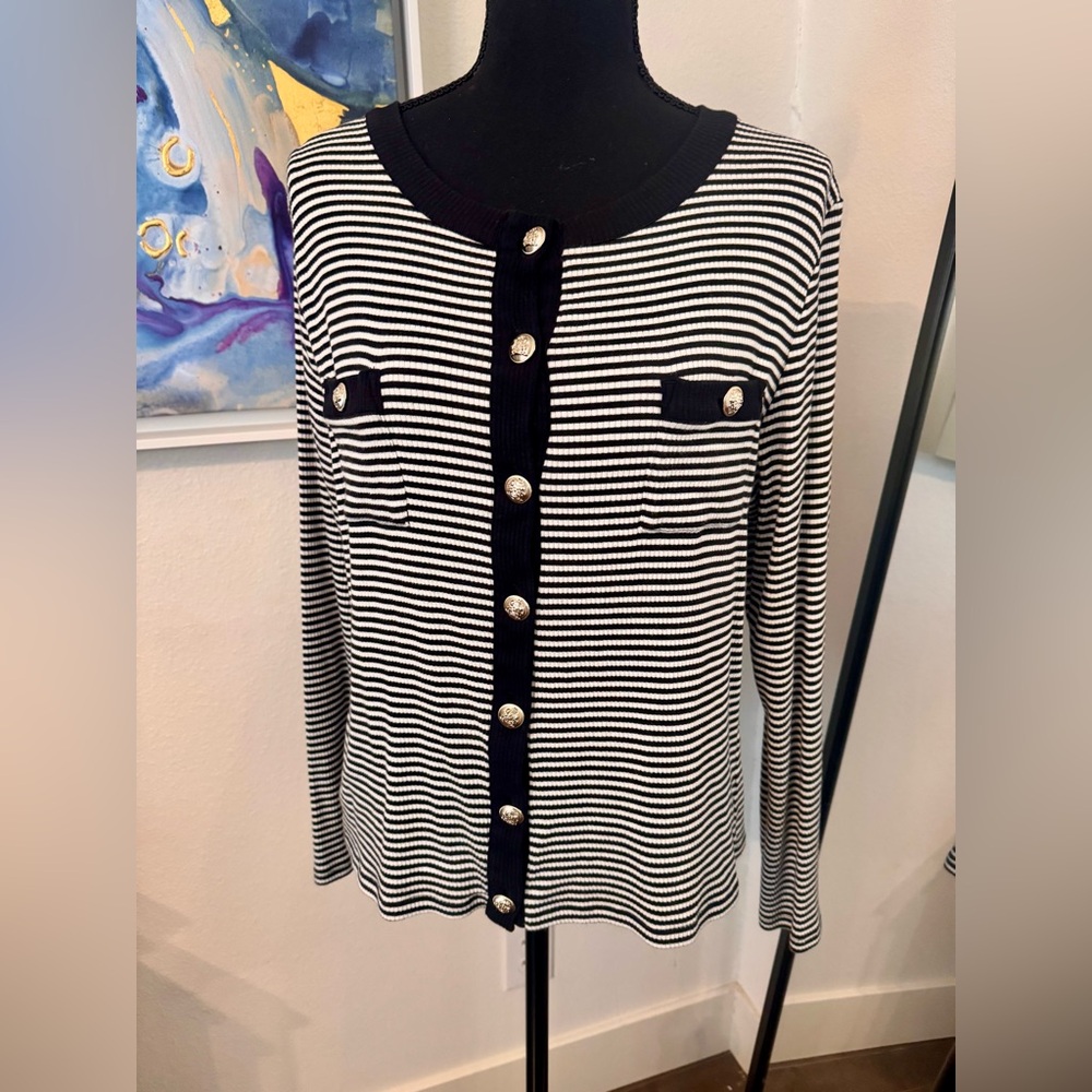 Ann Taylor Black White Striped Knit Top Gold Button Accents - XL